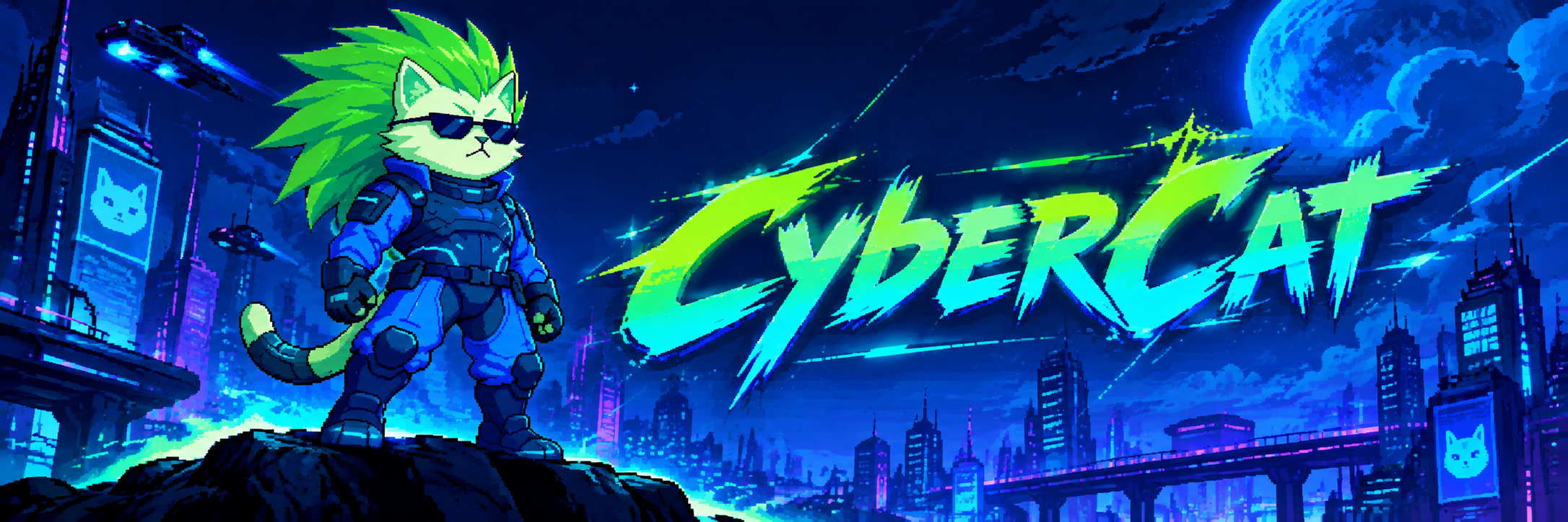 CyberCat banner: the armored Shiba Cat above a neon cyberpunk city with the CYBERCAT title