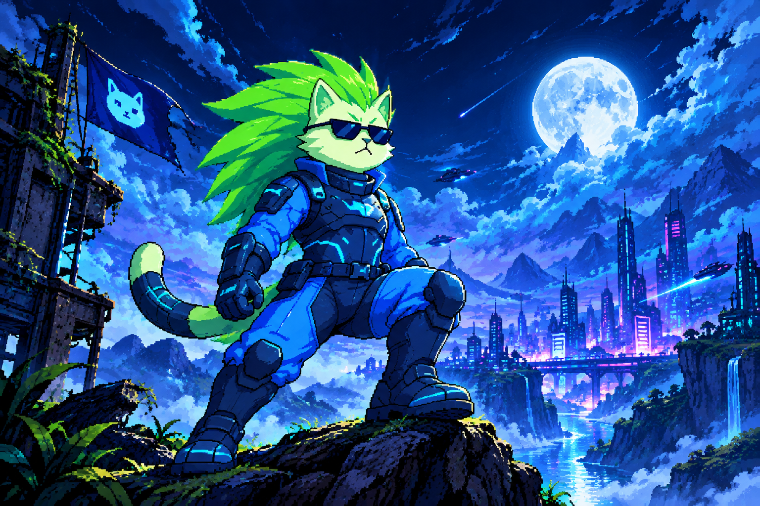 CyberCat leaning back in a neon gaming chair, holding a controller with a glowing paw print